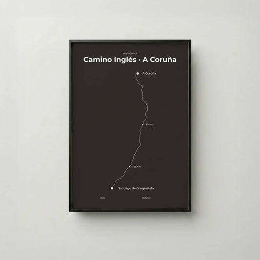 Minimalist Camino Inglés A Coruña to Santiago map poster in deep bark color, frame mockup.
