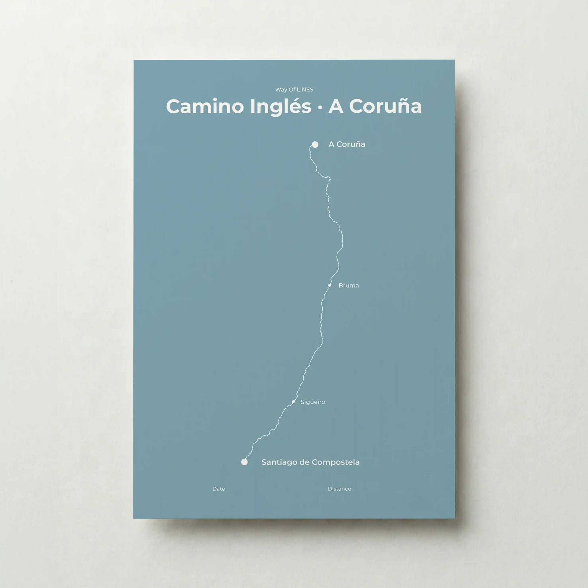 Minimalist Camino Inglés A Coruña to Santiago map poster in high mist color.