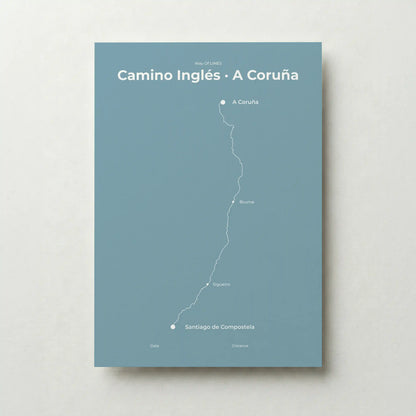 Minimalist Camino Inglés A Coruña to Santiago map poster in high mist color.