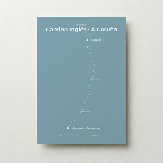 Minimalist Camino Inglés A Coruña to Santiago map poster in high mist color.