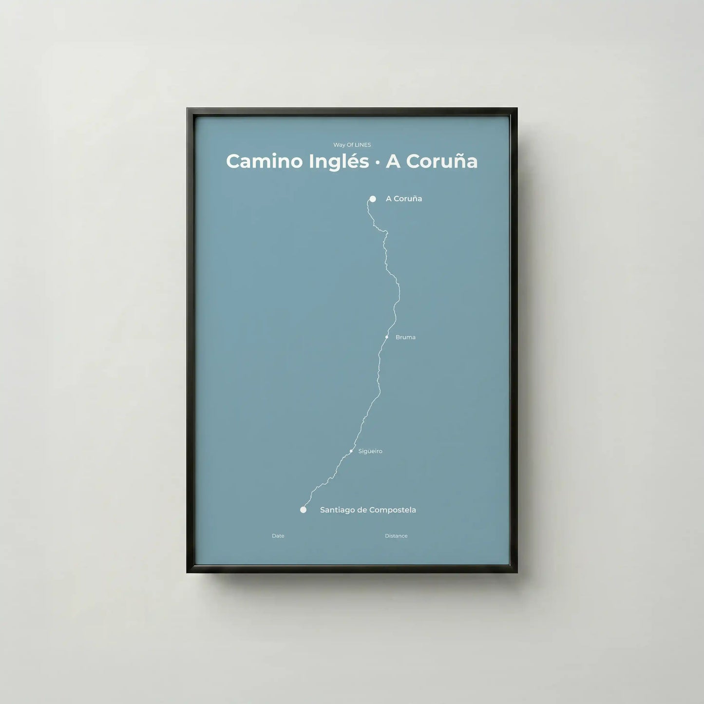 Minimalist Camino Inglés A Coruña to Santiago map poster in high mist color, frame mockup.
