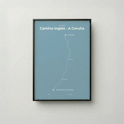 Minimalist Camino Inglés A Coruña to Santiago map poster in high mist color, frame mockup.
