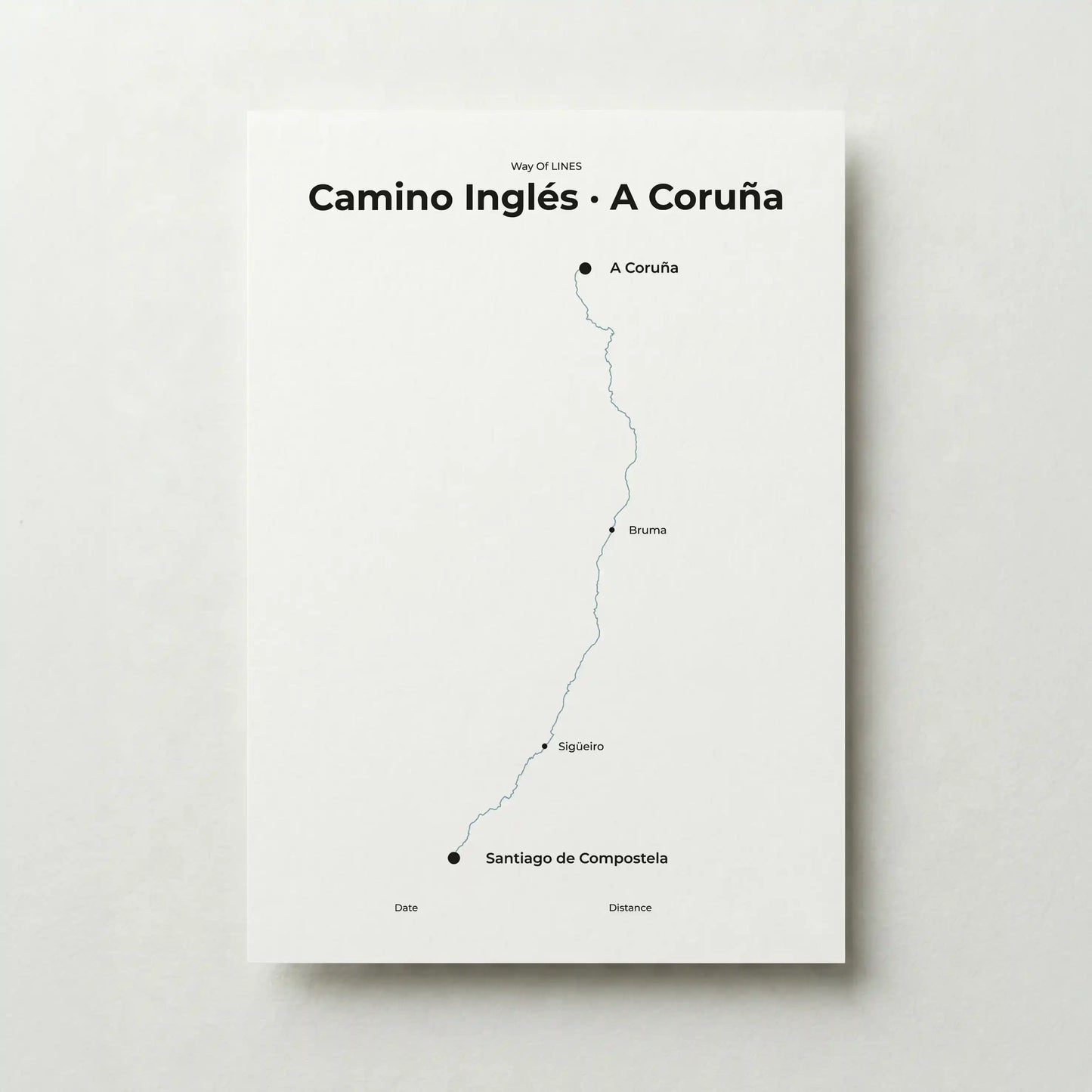 Minimalist Camino Inglés A Coruña to Santiago map poster in north drift color.