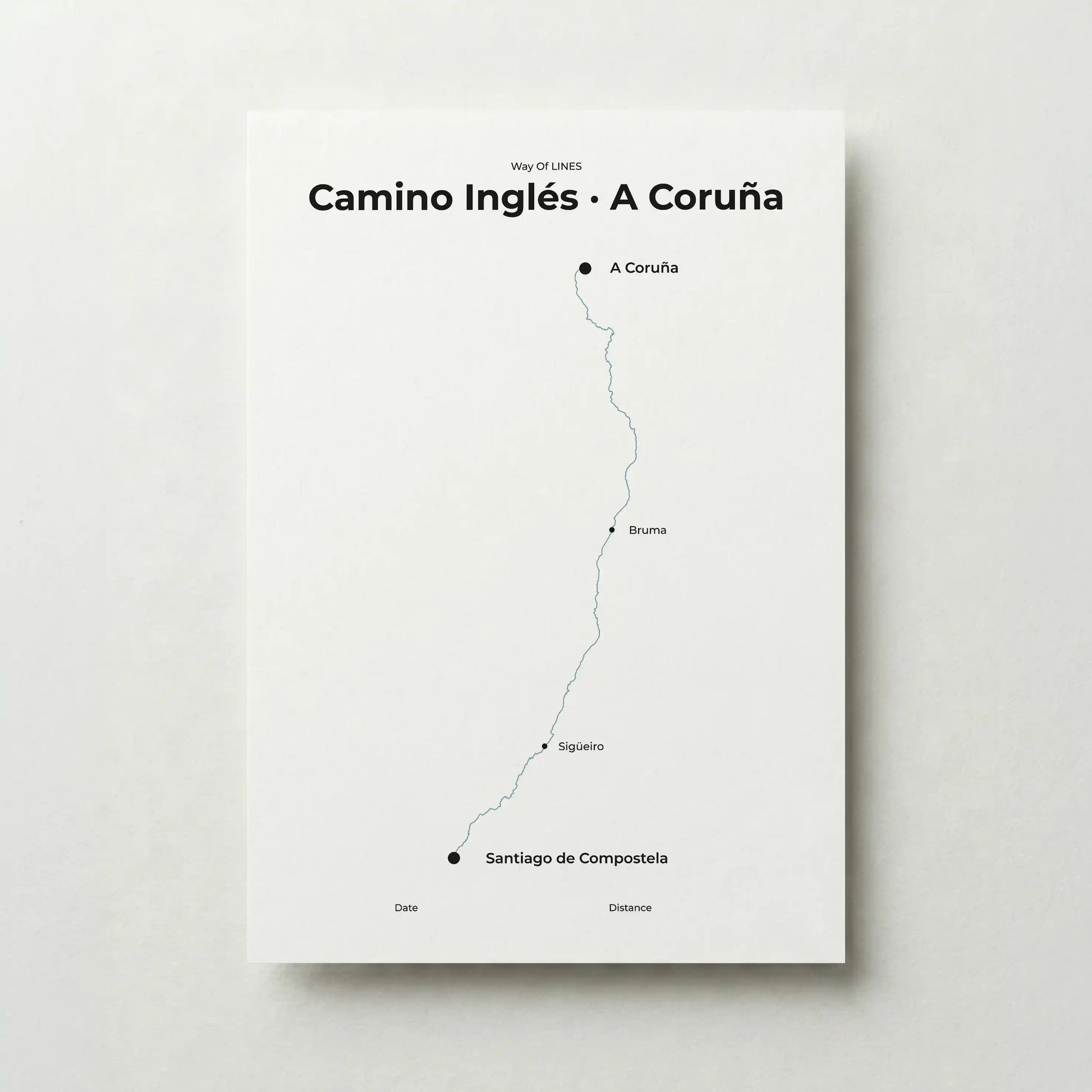 Minimalist Camino Inglés A Coruña to Santiago map poster in north drift color.