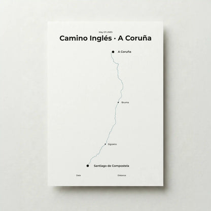 Minimalist Camino Inglés A Coruña to Santiago map poster in north drift color.