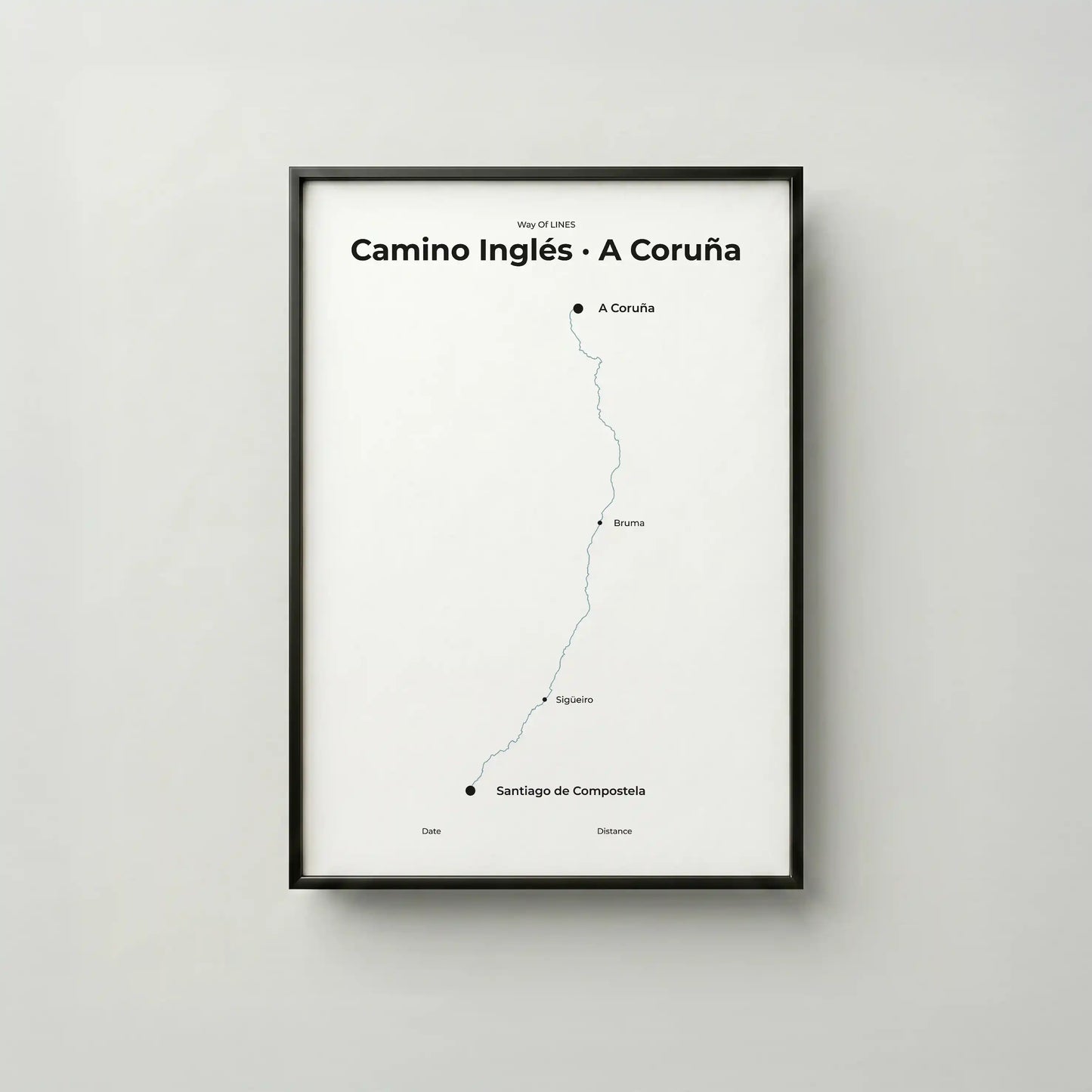  Minimalist Camino Inglés A Coruña to Santiago map poster in north drift color, frame mockup.
