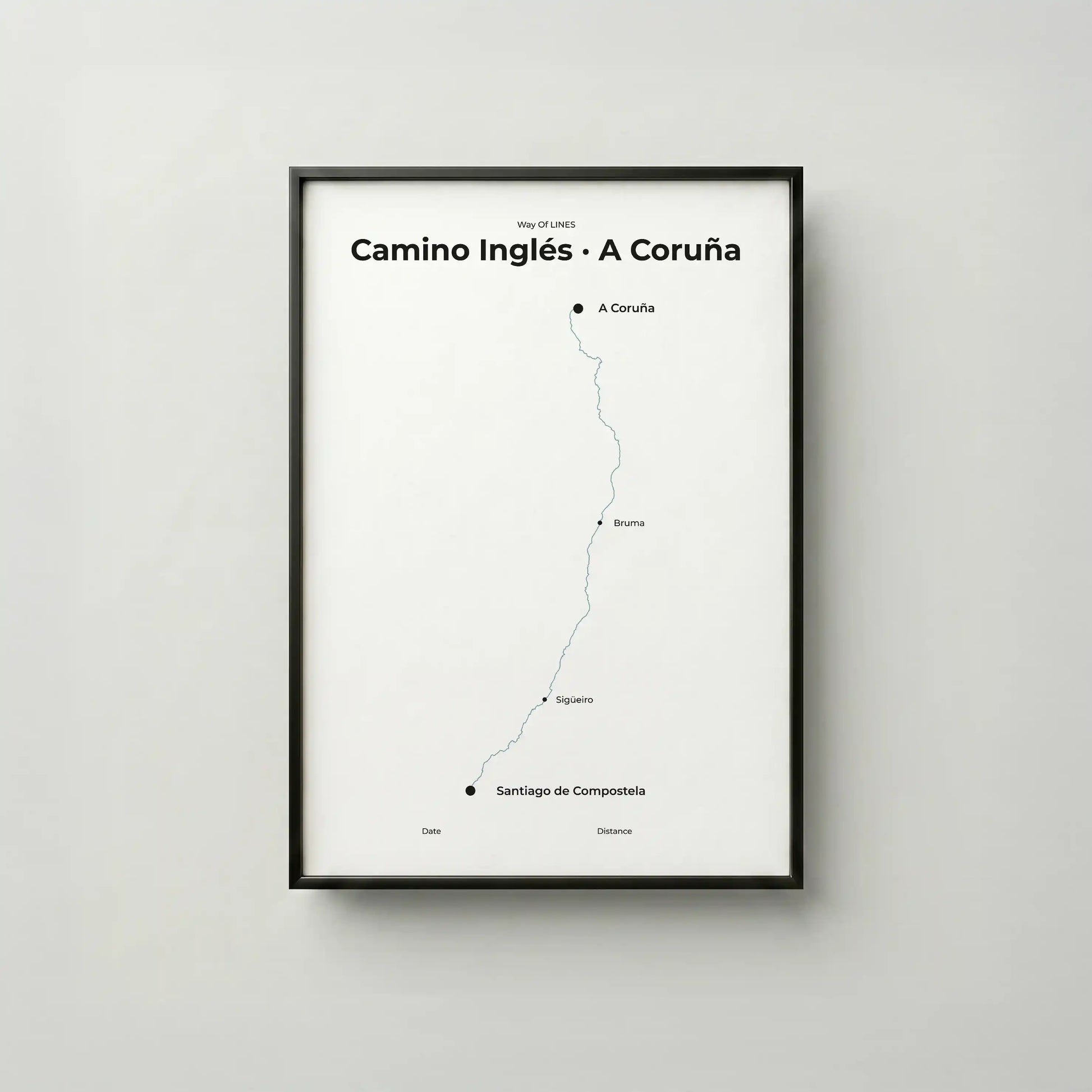  Minimalist Camino Inglés A Coruña to Santiago map poster in north drift color, frame mockup.
