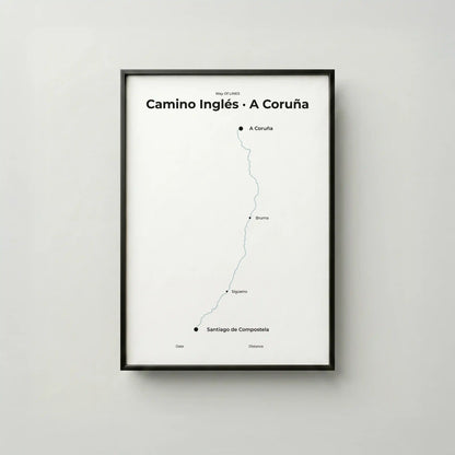  Minimalist Camino Inglés A Coruña to Santiago map poster in north drift color, frame mockup.
