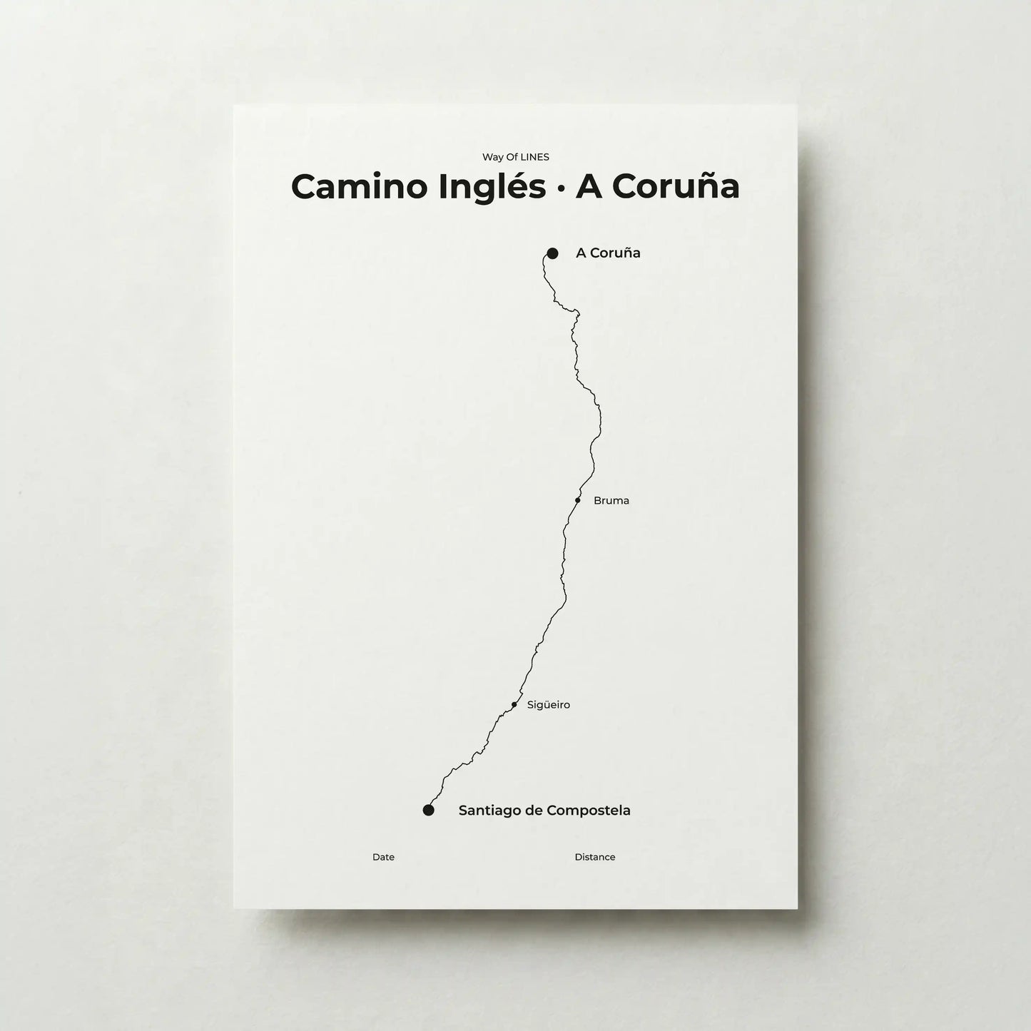  Minimalist Camino Inglés A Coruña to Santiago map poster in quiet black color.
