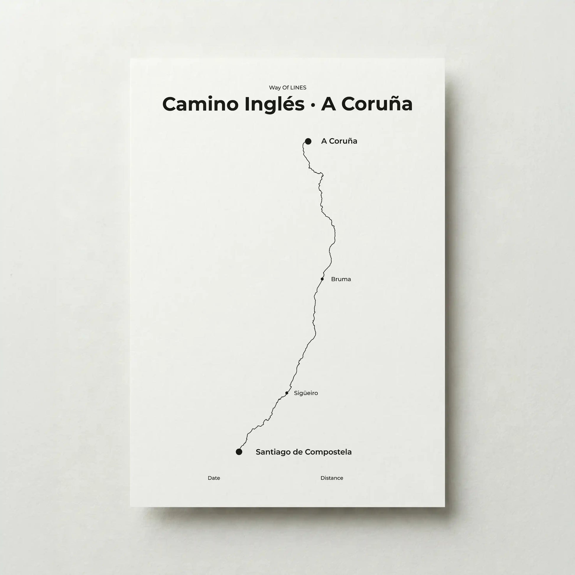  Minimalist Camino Inglés A Coruña to Santiago map poster in quiet black color.
