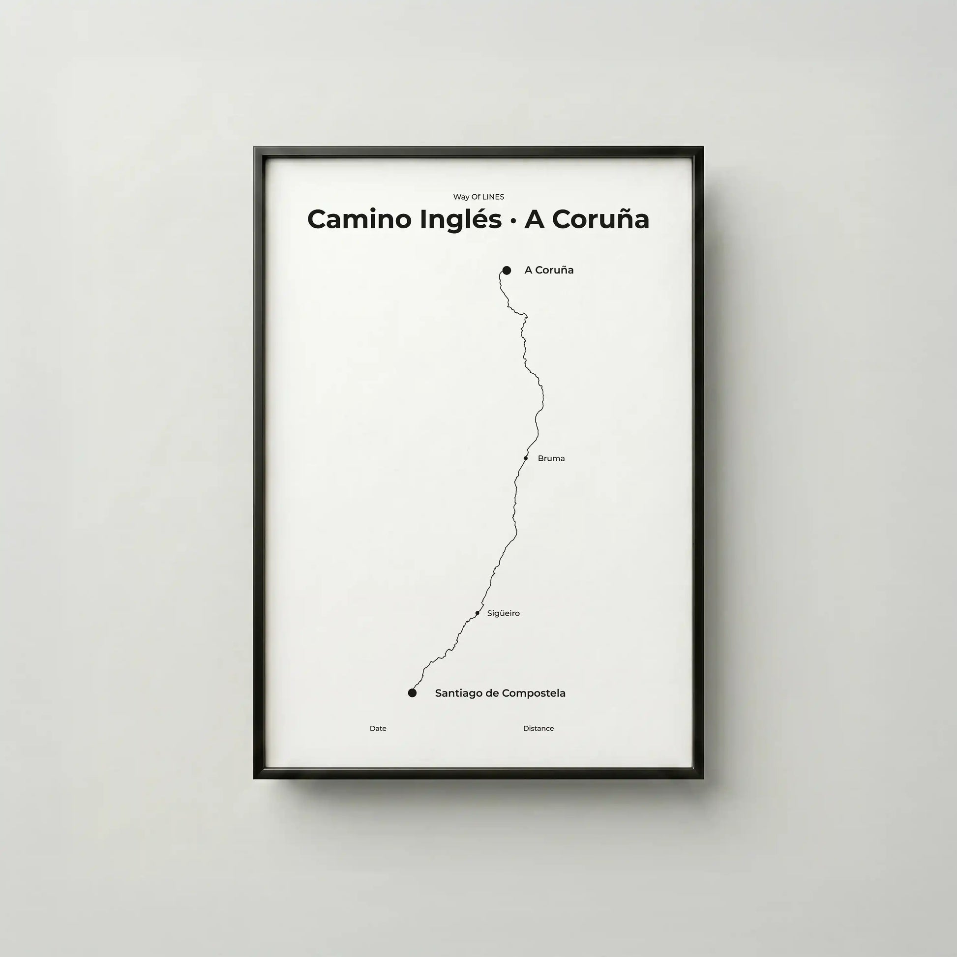 Minimalist Camino Inglés A Coruña to Santiago map poster in quiet black color, frame mockup.
