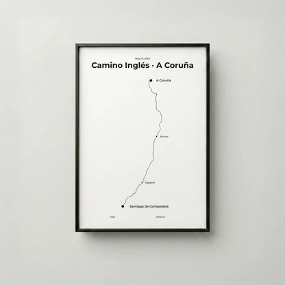 Minimalist Camino Inglés A Coruña to Santiago map poster in quiet black color, frame mockup.
