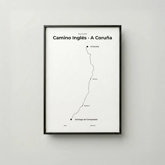 Minimalist Camino Inglés A Coruña to Santiago map poster in quiet black color, frame mockup.
