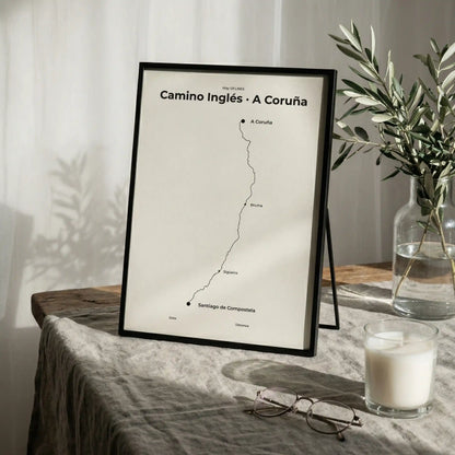 Minimalist Camino Inglés A Coruña to Santiago map poster in quiet black color, interior mockup.
