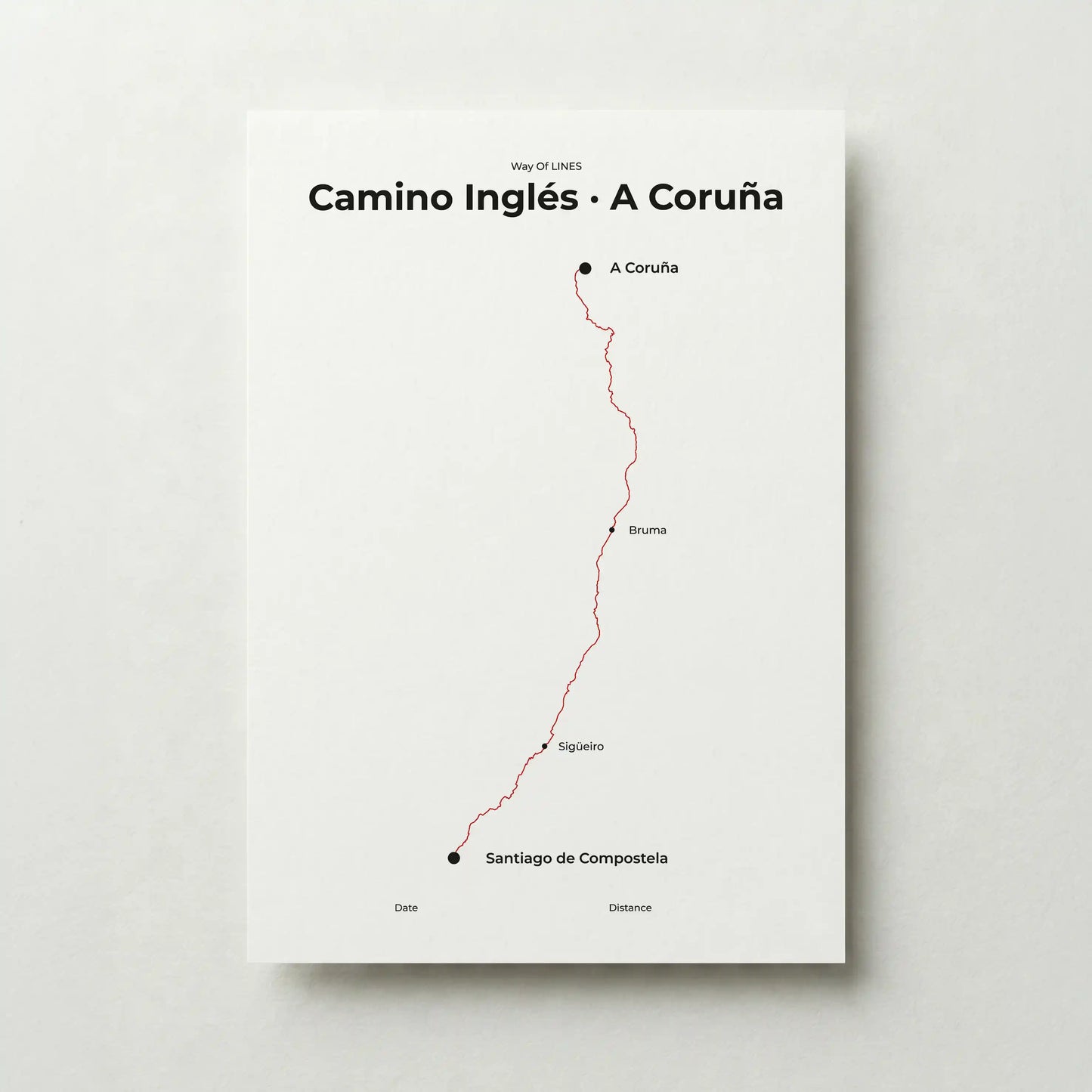 Minimalist Camino Inglés A Coruña to Santiago map poster in red beacon color.