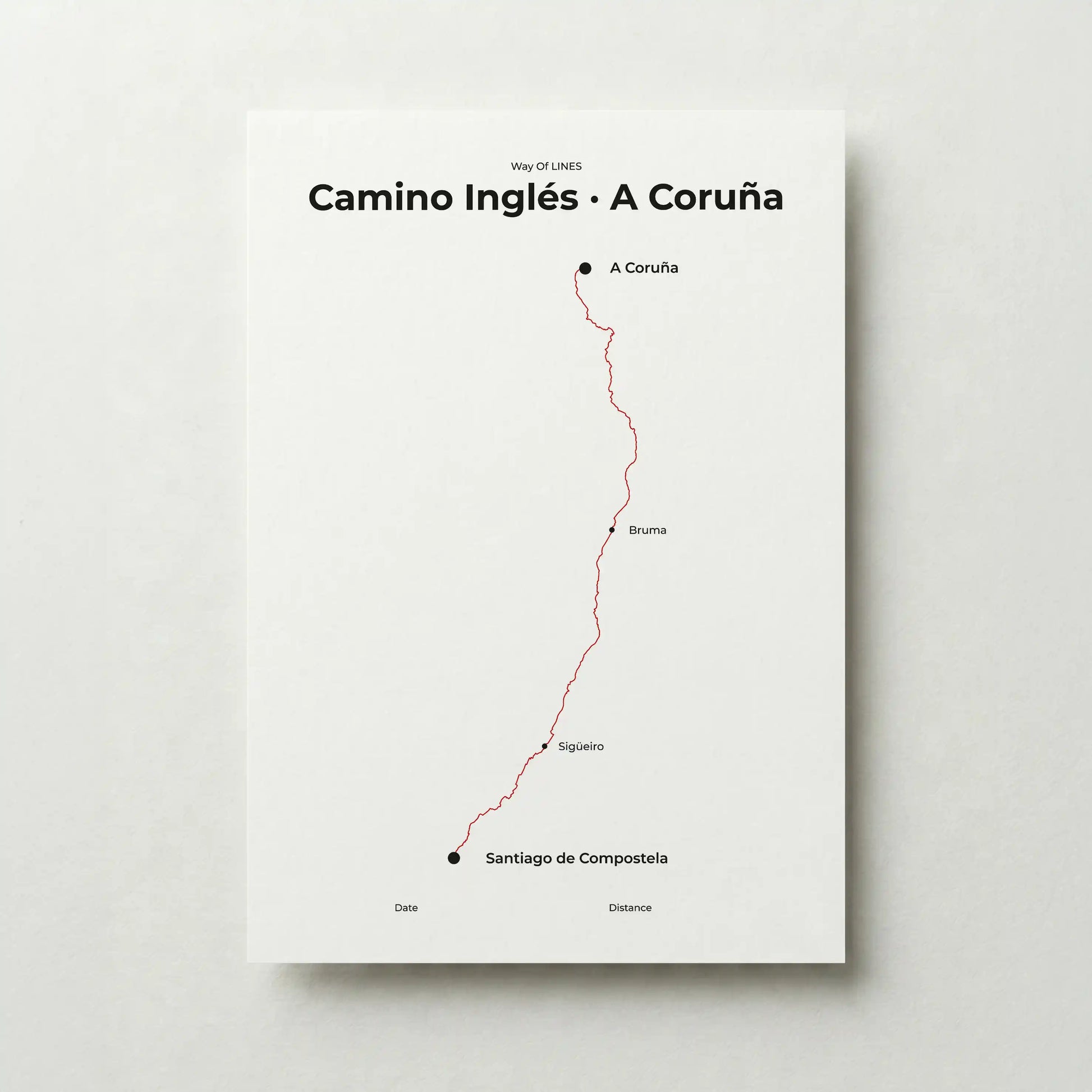 Minimalist Camino Inglés A Coruña to Santiago map poster in red beacon color.