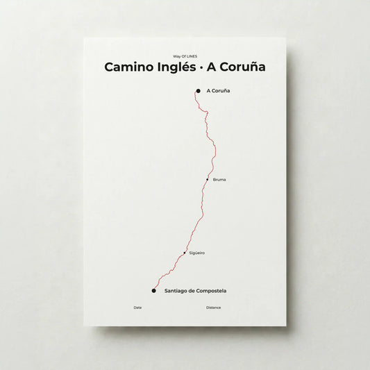 Minimalist Camino Inglés A Coruña to Santiago map poster in red beacon color.