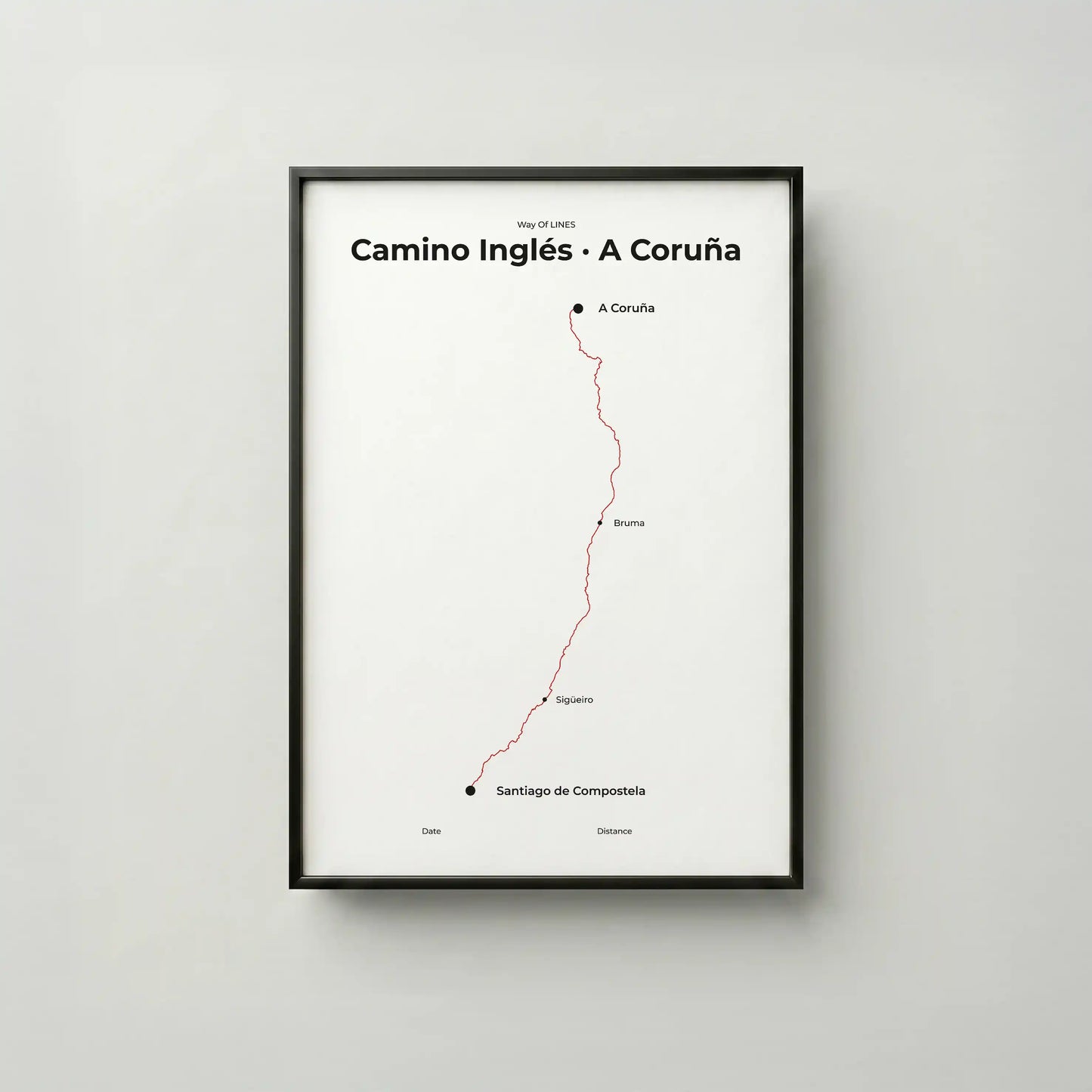 Minimalist Camino Inglés A Coruña to Santiago map poster in red beacon color, frame mockup.