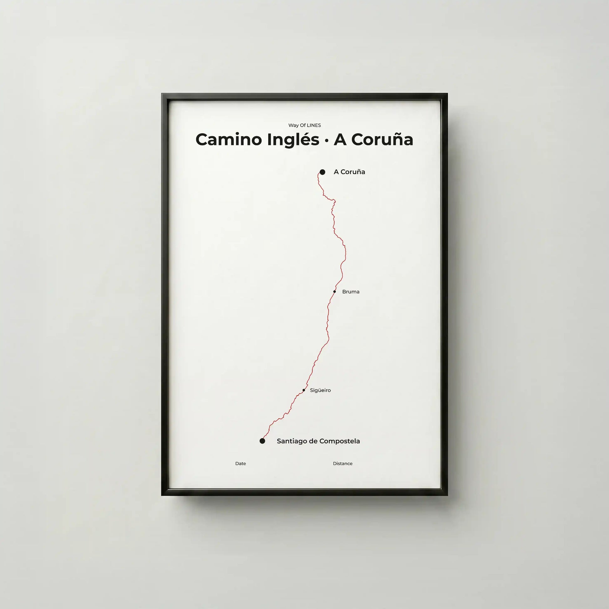 Minimalist Camino Inglés A Coruña to Santiago map poster in red beacon color, frame mockup.