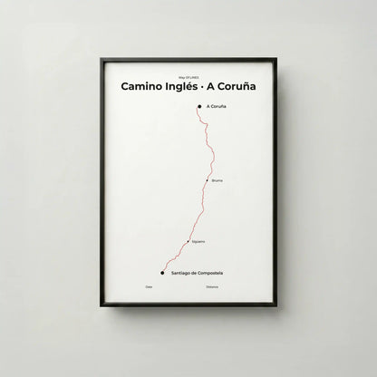 Minimalist Camino Inglés A Coruña to Santiago map poster in red beacon color, frame mockup.