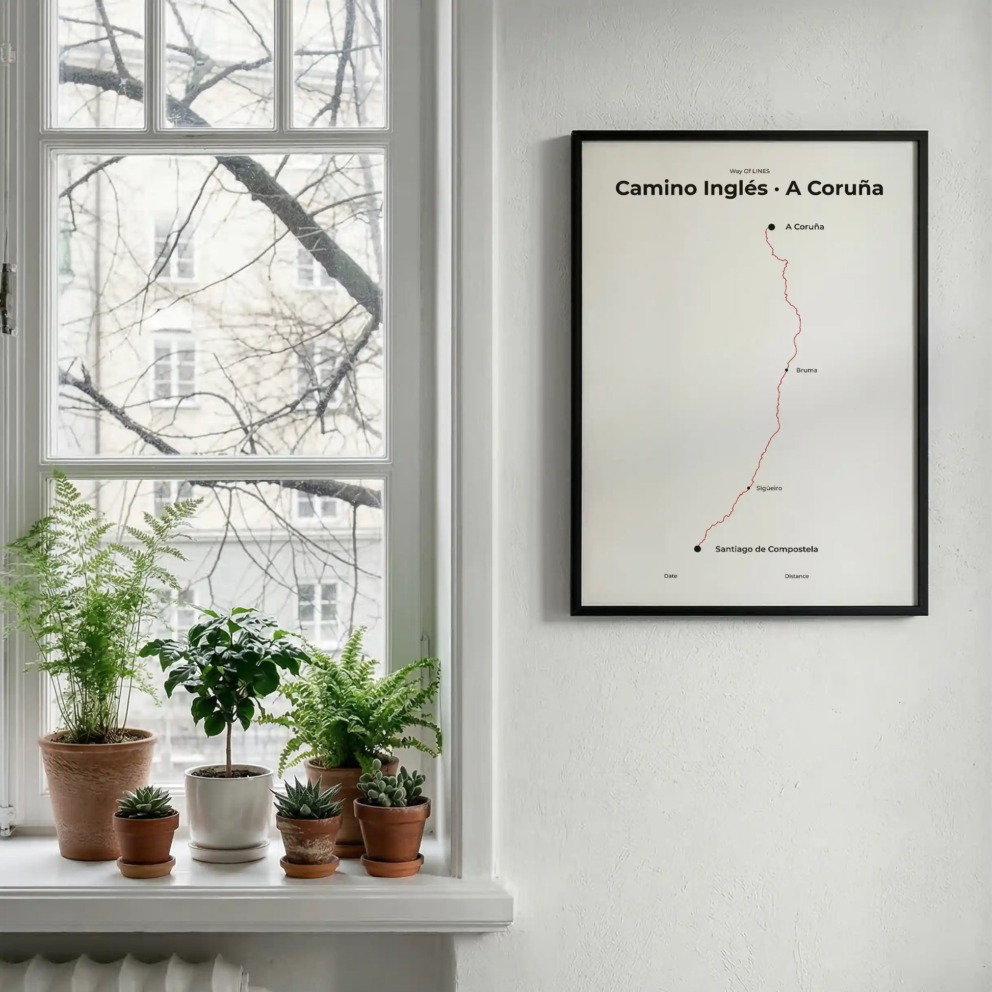  Minimalist Camino Inglés A Coruña to Santiago map poster in red beacon color, interior mockup.