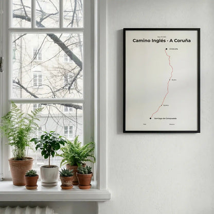  Minimalist Camino Inglés A Coruña to Santiago map poster in red beacon color, interior mockup.