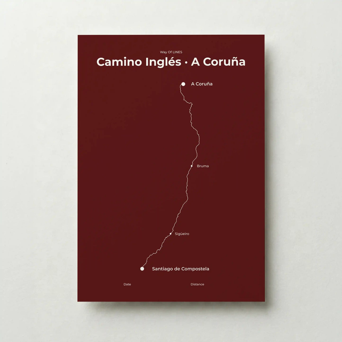 Minimalist Camino Inglés A Coruña to Santiago map poster in reserve red color.
