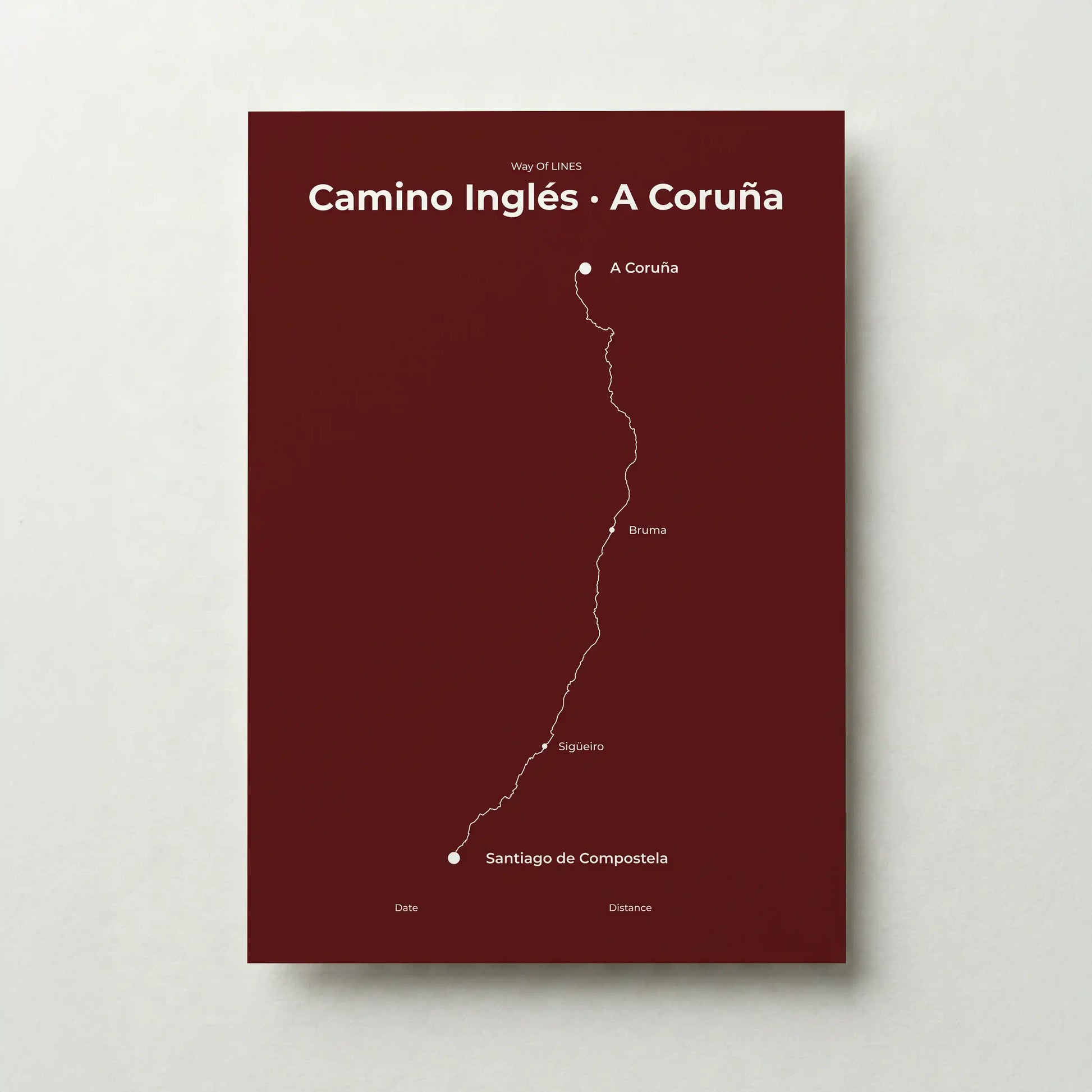 Minimalist Camino Inglés A Coruña to Santiago map poster in reserve red color.
