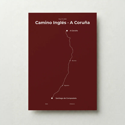 Minimalist Camino Inglés A Coruña to Santiago map poster in reserve red color.
