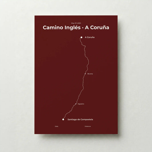 Minimalist Camino Inglés A Coruña to Santiago map poster in reserve red color.
