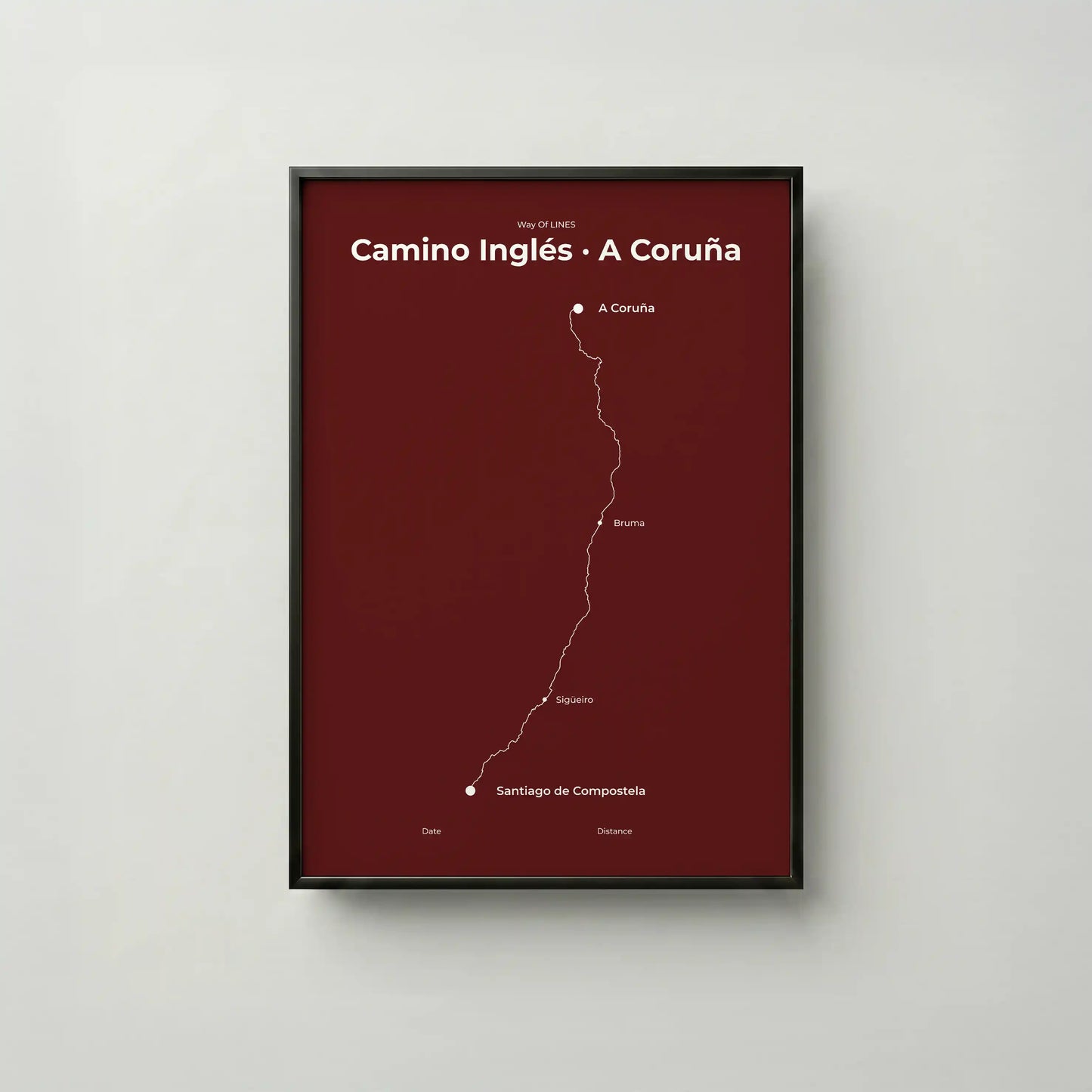 Minimalist Camino Inglés A Coruña to Santiago map poster in reserve red color, frame mockup.
