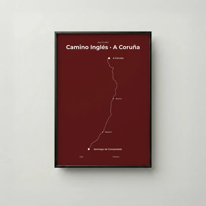 Minimalist Camino Inglés A Coruña to Santiago map poster in reserve red color, frame mockup.

