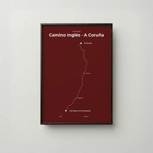 Minimalist Camino Inglés A Coruña to Santiago map poster in reserve red color, frame mockup.
