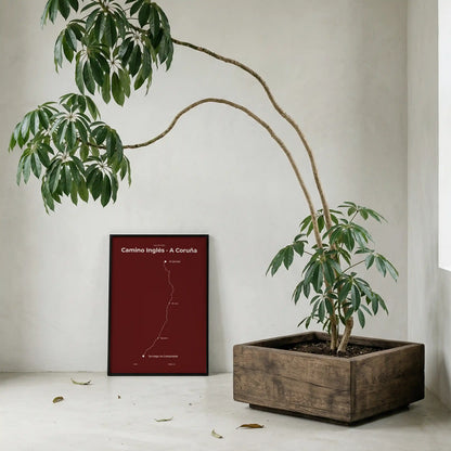  Minimalist Camino Inglés A Coruña to Santiago map poster in reserve red color, interior mockup.
