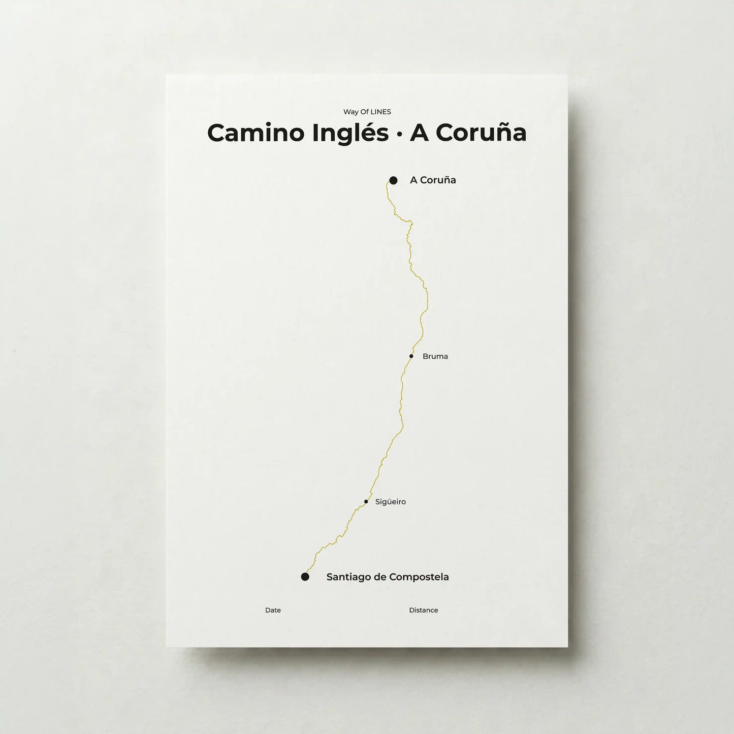  Minimalist Camino Inglés A Coruña to Santiago map poster in sunworn color.
