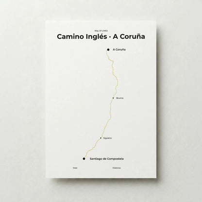  Minimalist Camino Inglés A Coruña to Santiago map poster in sunworn color.
