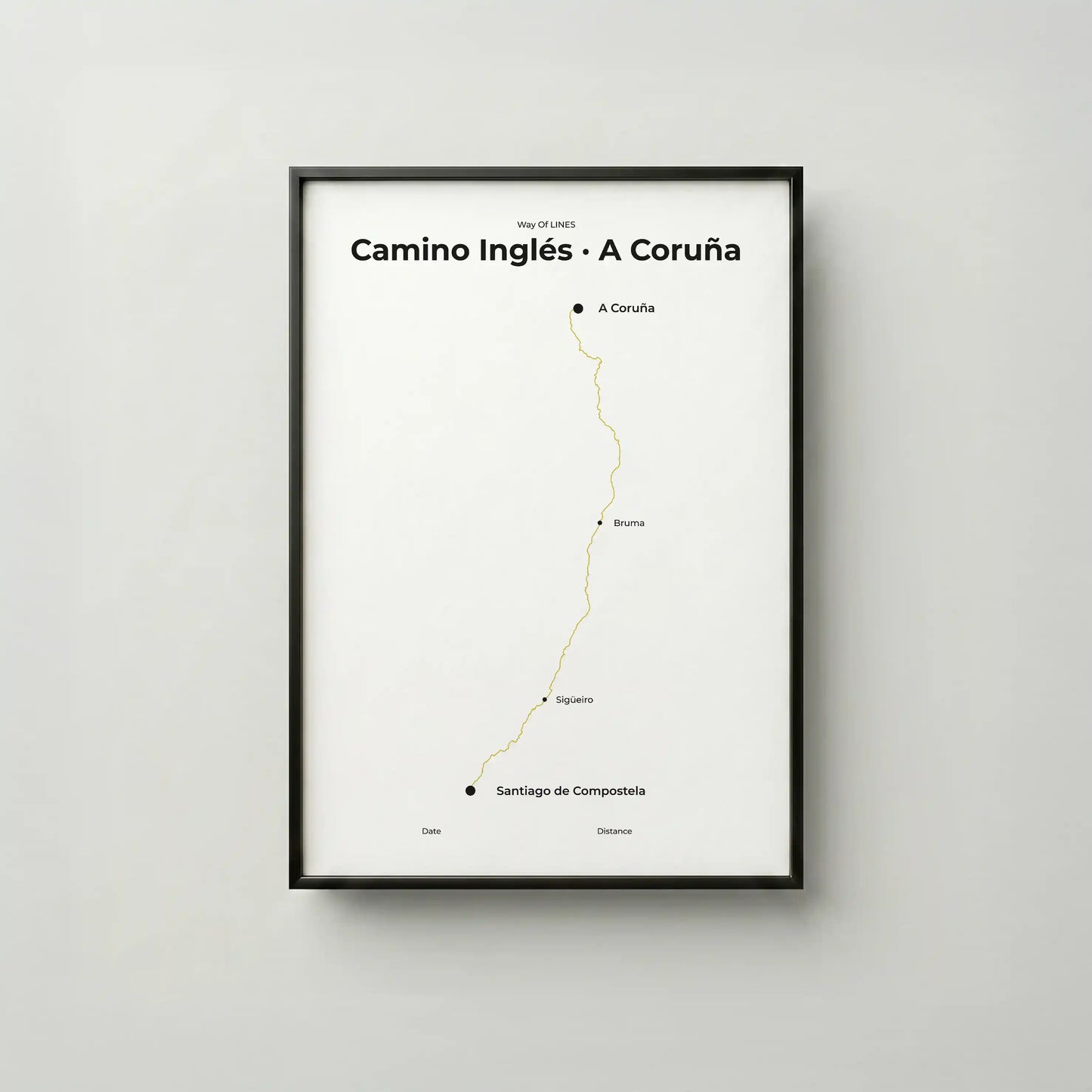 Minimalist Camino Inglés A Coruña to Santiago map poster in sunworn color, frame mockup.
