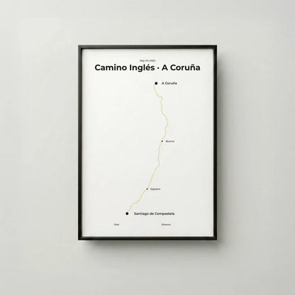 Minimalist Camino Inglés A Coruña to Santiago map poster in sunworn color, frame mockup.