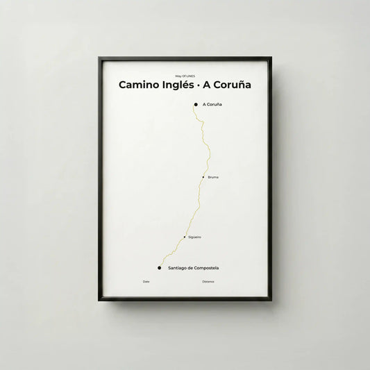 Minimalist Camino Inglés A Coruña to Santiago map poster in sunworn color, frame mockup.