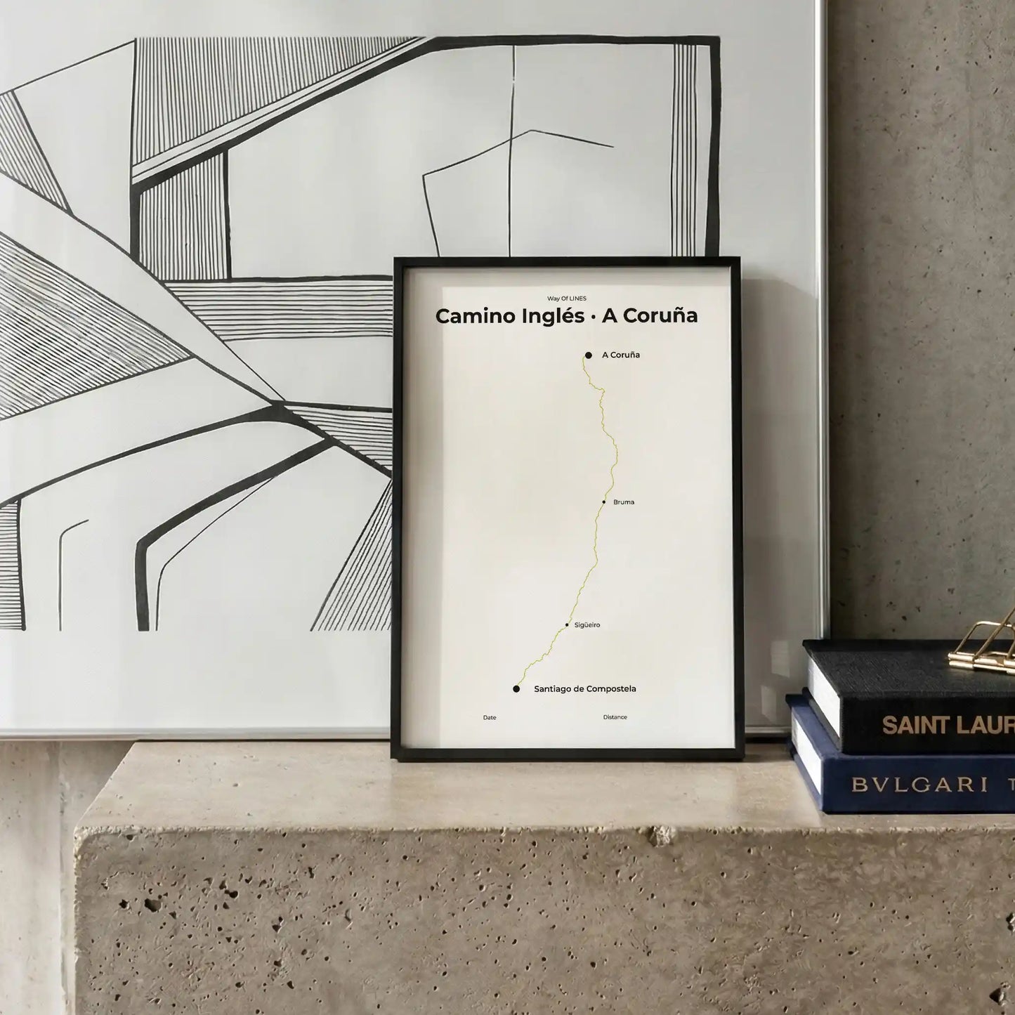 Minimalist Camino Inglés A Coruña to Santiago map poster in sunworn color, interior mockup.
