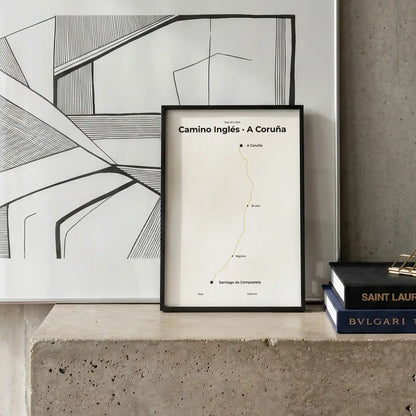 Minimalist Camino Inglés A Coruña to Santiago map poster in sunworn color, interior mockup.
