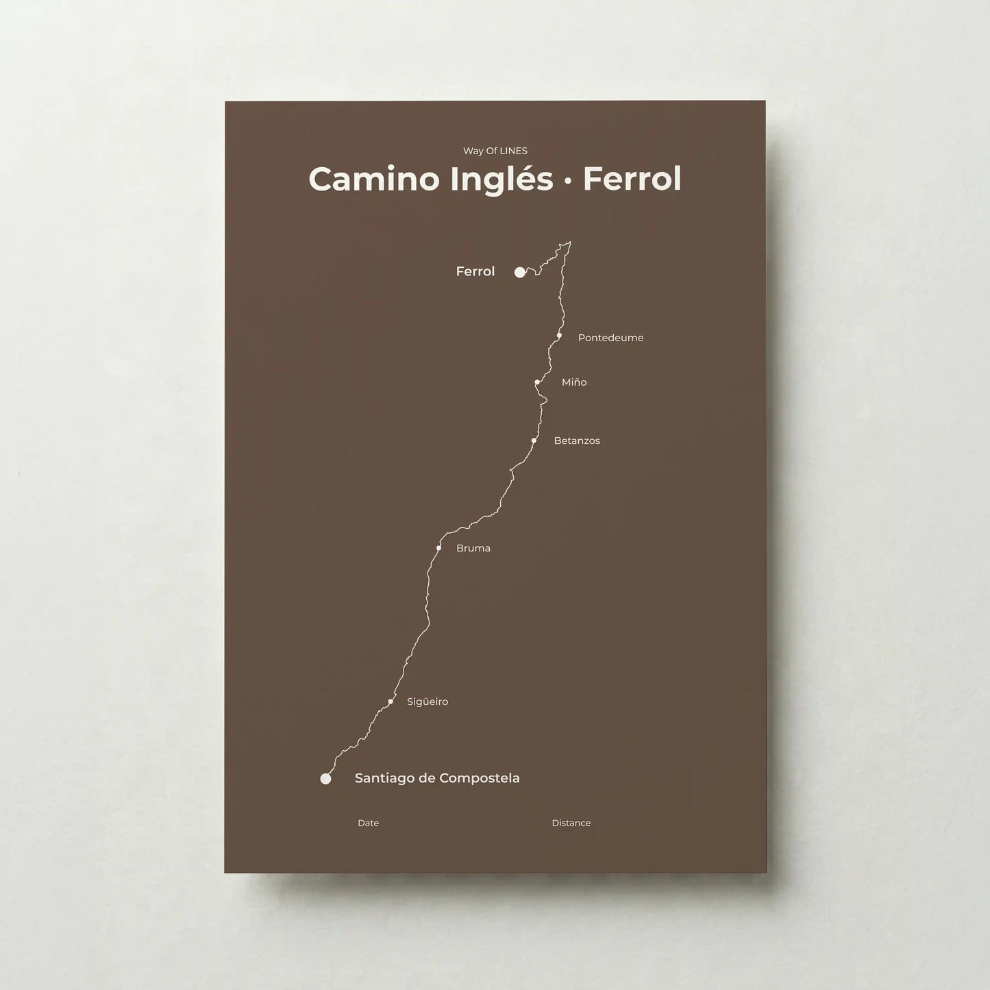Minimalist Camino Inglés Ferrol to Santiago map poster in ashen clay color.