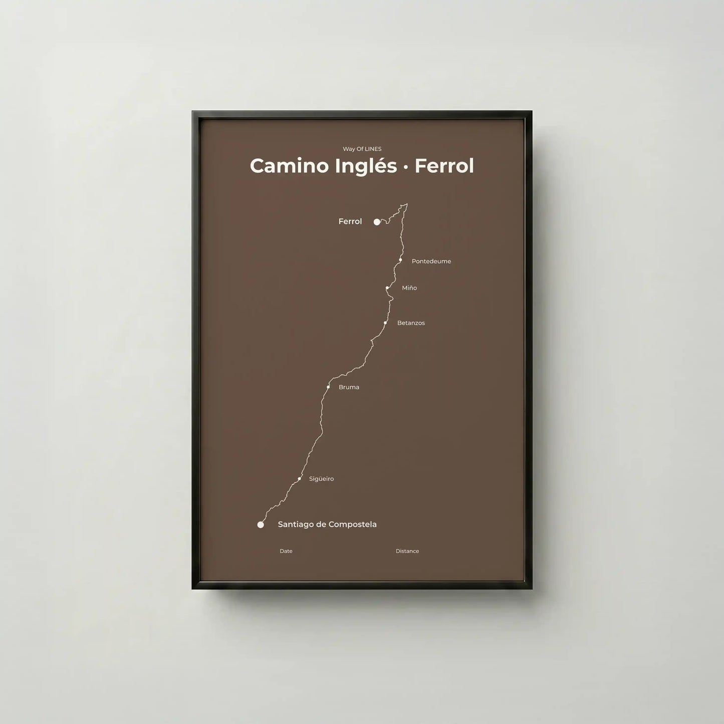 Minimalist Camino Inglés Ferrol to Santiago map poster in ashen clay color, frame mockup.