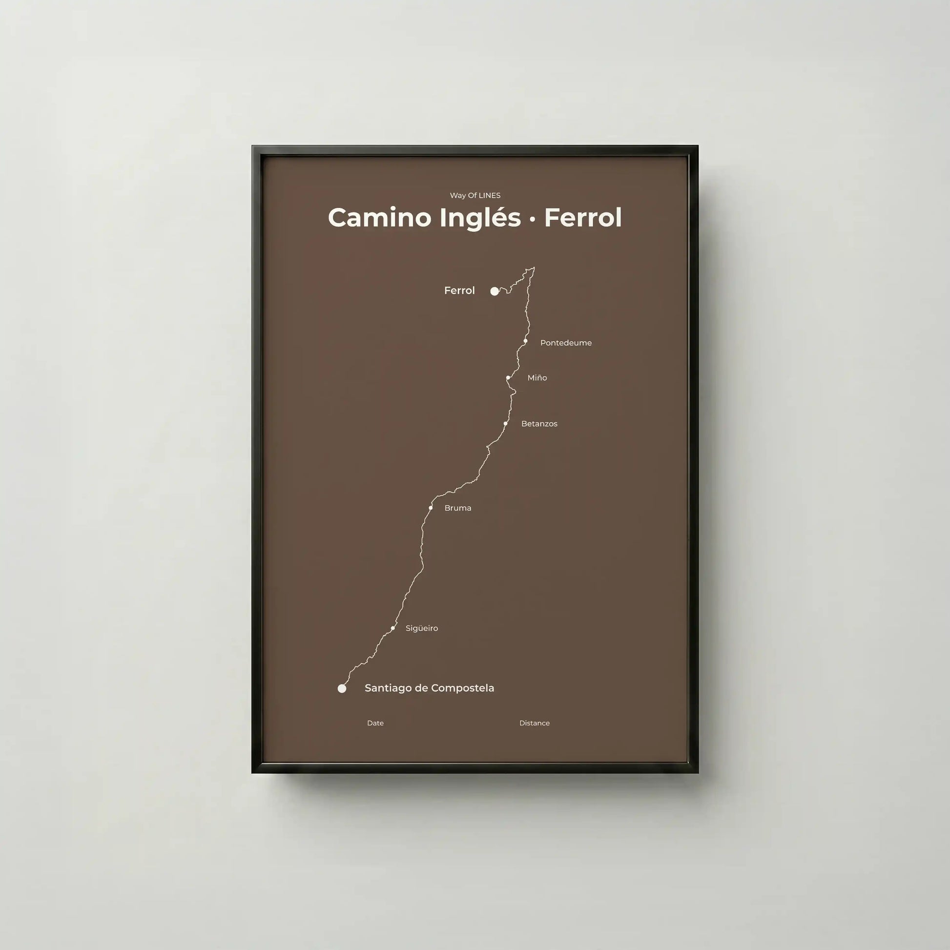  Minimalist Camino Inglés Ferrol to Santiago map poster in ashen clay color, frame mockup.