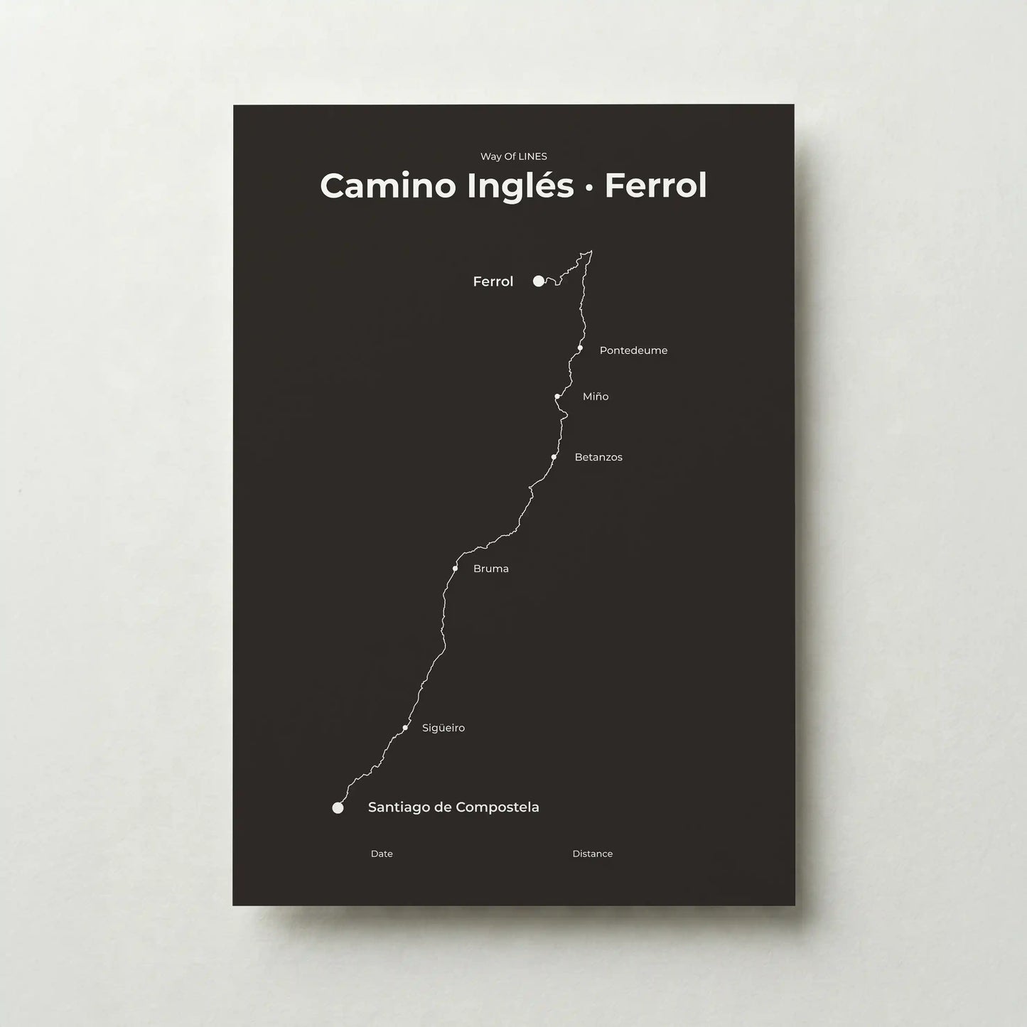  Minimalist Camino Inglés Ferrol to Santiago map poster in deep bark color.