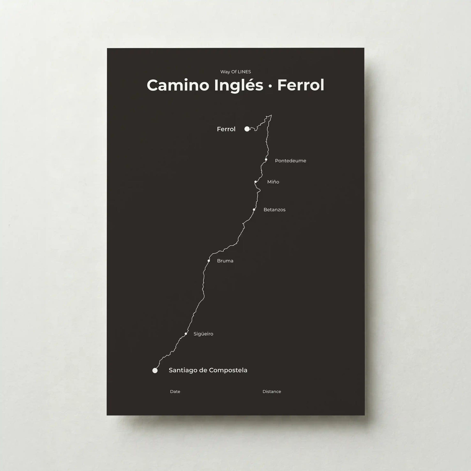  Minimalist Camino Inglés Ferrol to Santiago map poster in deep bark color.