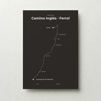  Minimalist Camino Inglés Ferrol to Santiago map poster in deep bark color.