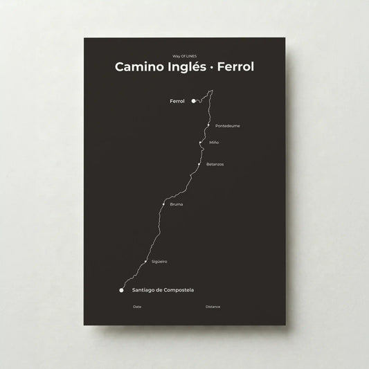  Minimalist Camino Inglés Ferrol to Santiago map poster in deep bark color.