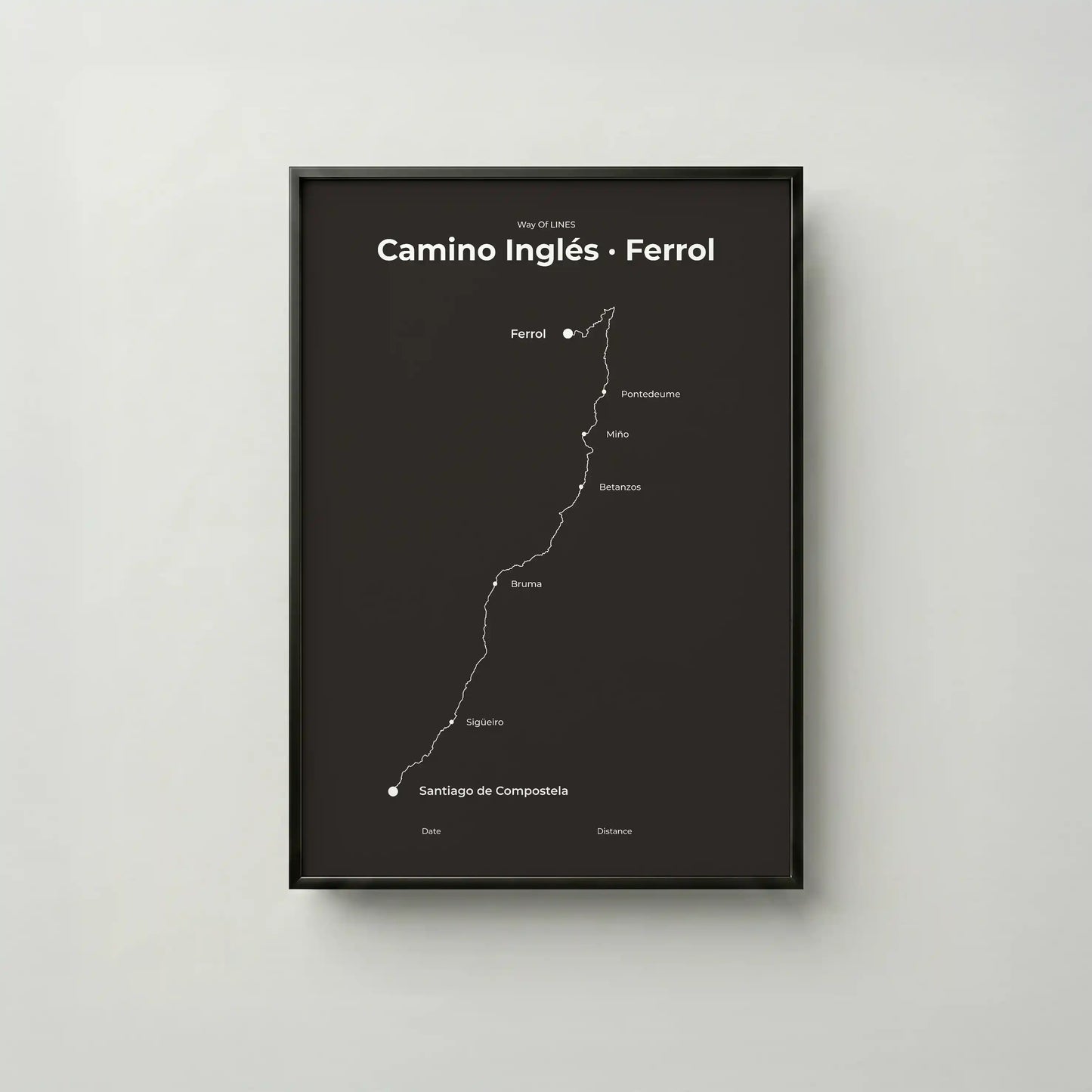 Minimalist Camino Inglés Ferrol to Santiago map poster in deep bark color, frame mockup.