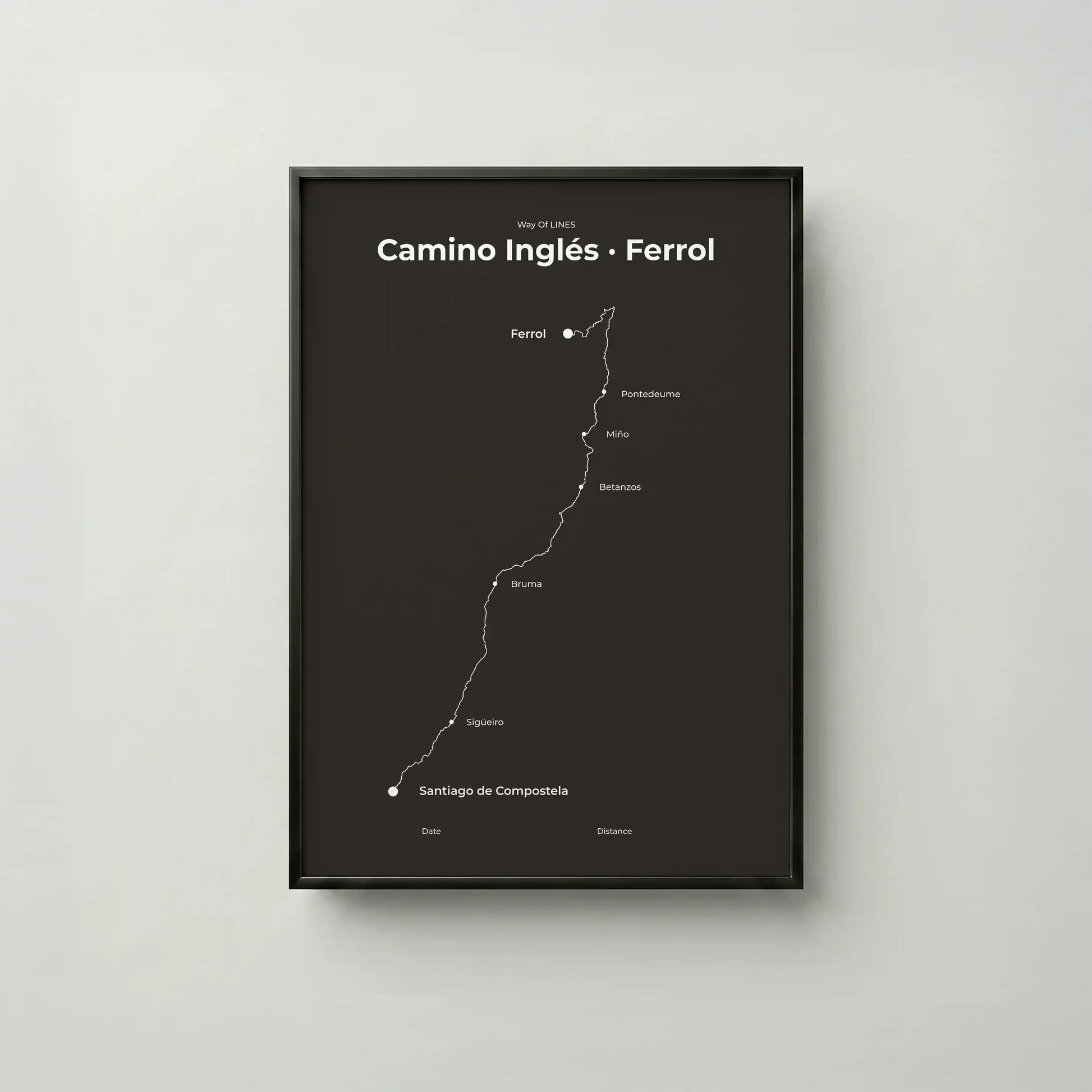 Minimalist Camino Inglés Ferrol to Santiago map poster in deep bark color, frame mockup.